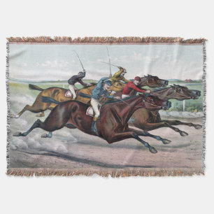 Vintage thoroughbred racehorses and jockies racing throw blanket
