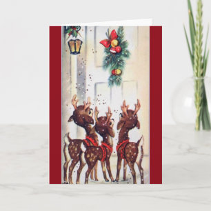 Vintage Three Christmas Reindeer At The Door Holiday Card