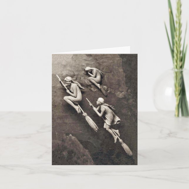 Vintage Three Halloween Witches Flying Brooms Card (Front)