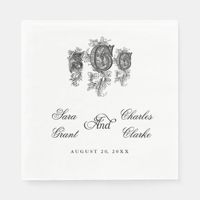 Vintage Three Monogram SCC Wedding Paper Napkins (Front)