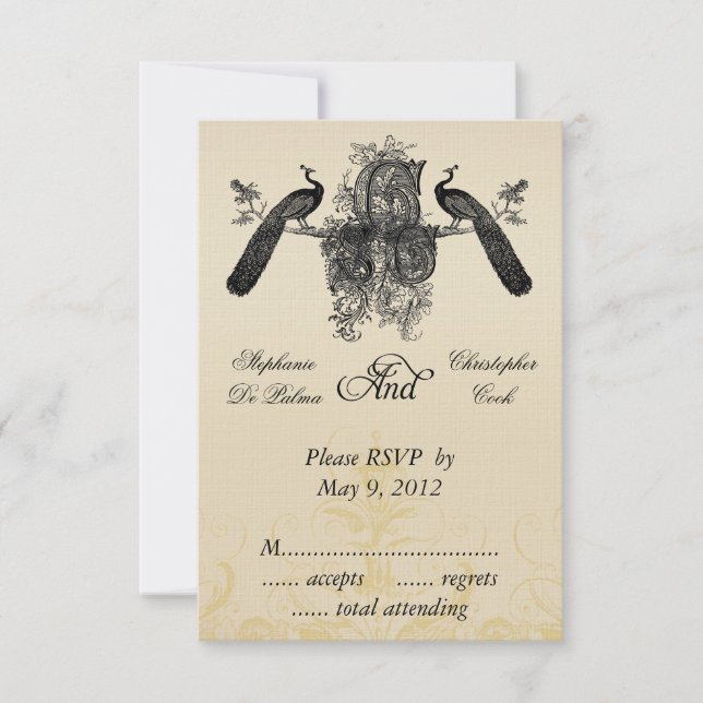 Vintage Three Monogram Wedding RSVP with Peacocks Card (Front)