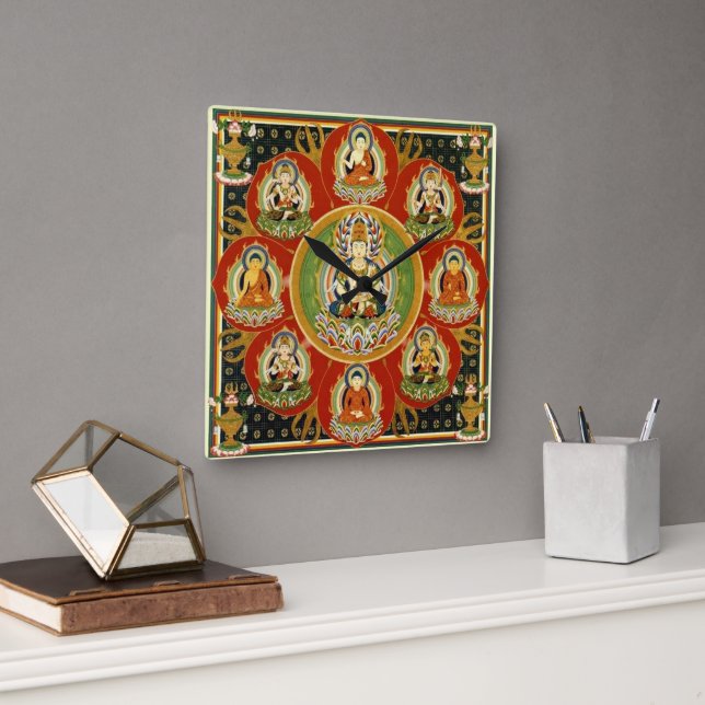 Vintage Tibetan Tantric Buddhism Mandala Square Wall Clock (Office)