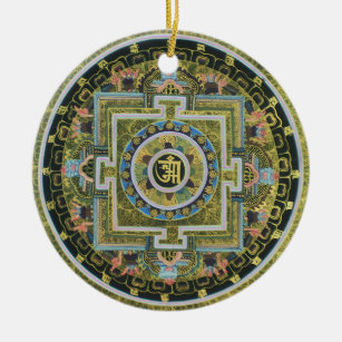Vintage Tibetan Tantric Buddhism Mandala Thangka Ceramic Tree Decoration