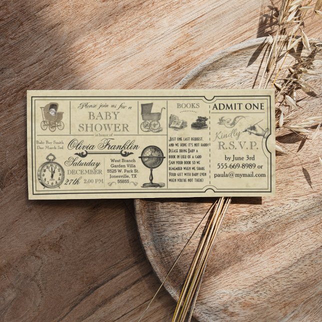 Vintage Ticket Baby Shower Invitation (Vintage ticket wedding invitation with globe carriage clock)