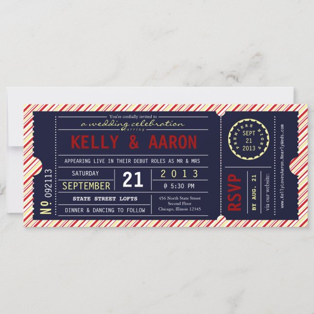 Vintage Ticket Diagonal Stripe Wedding Invitation (Front)