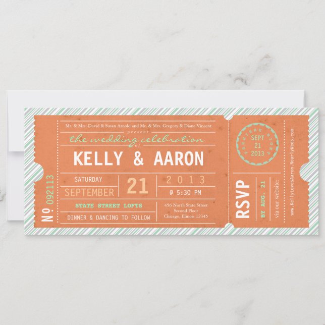 Vintage Ticket Diagonal Stripe Wedding Invitation (Front)