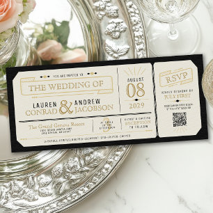 Vintage Ticket Elegant Black & Gold Retro Wedding Invitation