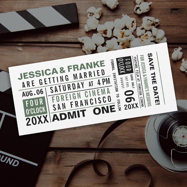 Vintage Ticket Green Save the Date Invitation (Creator Uploaded)