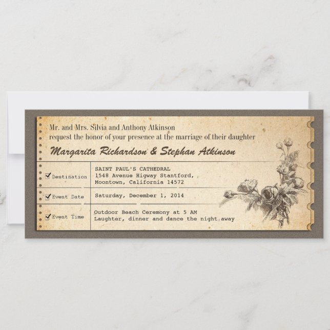 vintage ticket unique wedding invitations (Front)