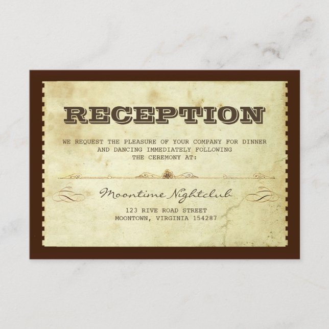 vintage ticket wedding reception design enclosure card (Front)