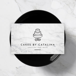 Vintage Tiered Cake Logo on White Marble Bakery Business Card