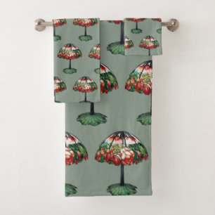 Vintage Tiffany Art Nouveau Red Lotus Floral Bath Towel Set