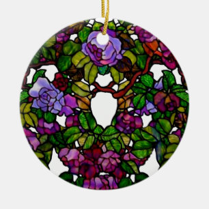 Vintage Tiffany Stained Glass Purple Roses Ceramic Tree Decoration