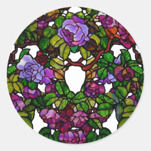 Vintage Tiffany Stained Glass Purple Roses  Classic Round Sticker