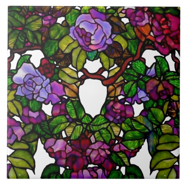 Vintage Tiffany Stained Glass Purple Roses Tile (Front)