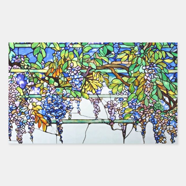 Vintage Tiffany Stained Glass Wisteria Floral Rectangular Sticker (Front)