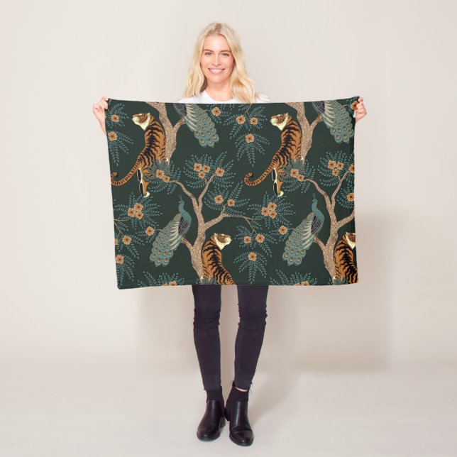 Vintage tiger and peacock fleece blanket (In Situ)