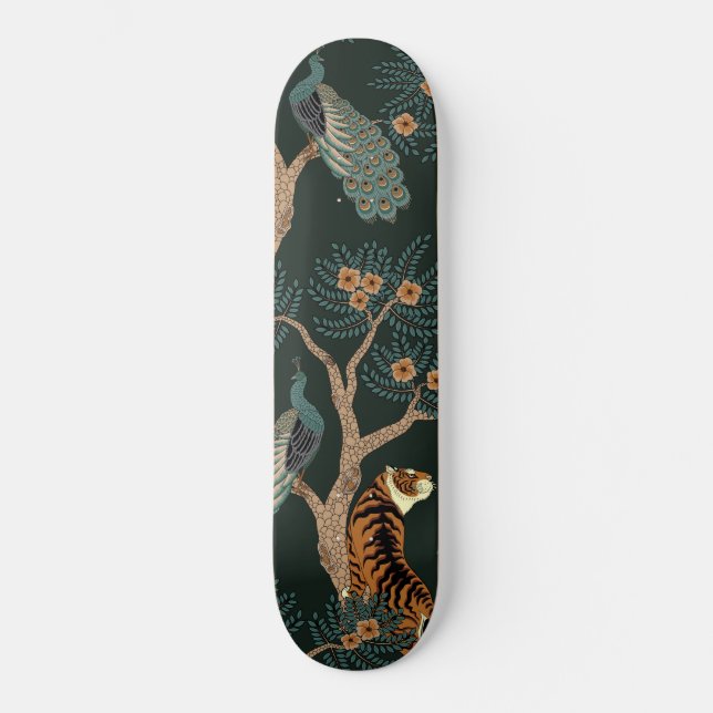 Vintage tiger and peacock skateboard (Front)