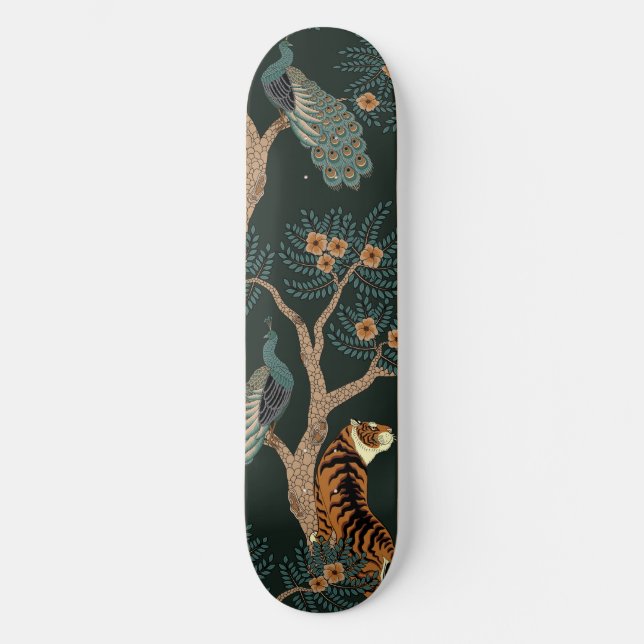 Vintage tiger and peacock skateboard (Front)