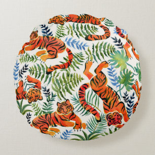Vintage Tiger Jungle Watercolor Round Cushion