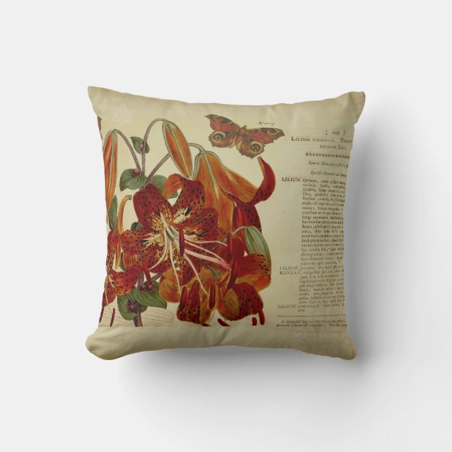Vintage Tiger Lily Botanical Illustration Cushion (Front)