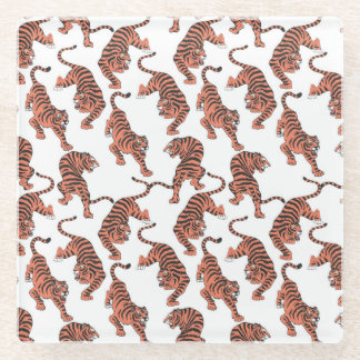 Vintage tigers, hand-drawn seamless pattern. glass coaster