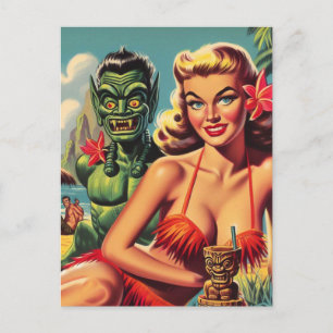 Vintage Tiki Pin Up Postcard