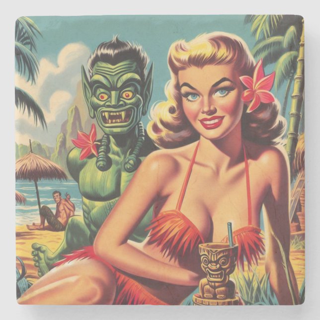 Vintage Tiki Pin Up Stone Coaster (Front)