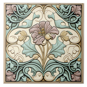 Vintage tile, Art Nouveau Rose flower, Pastel Tile
