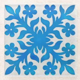 vintage tile looking hawaiian quilt pattern glass coaster
