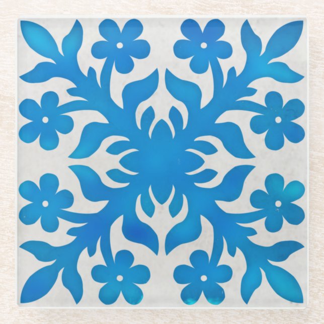 vintage tile looking hawaiian quilt pattern glass coaster (Front)