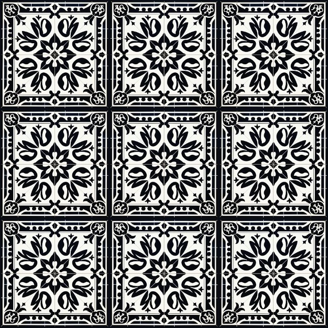 Vintage Tiles, Black and White, Old Tile Pattern (Tile pattern, 3 x 3 tiles with black grout)