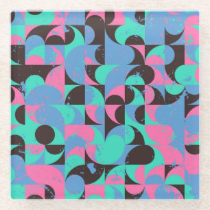 Vintage Tiles Neon Pink Green Glass Coaster