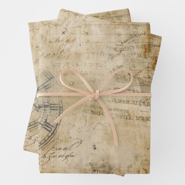 Vintage Timekeeper Collage Pattern Wrapping Paper Sheet (In situ)