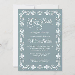 Vintage Timeless Floral Frame Blue Baby Shower  Invitation