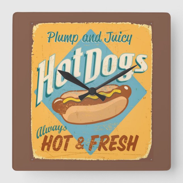 Vintage tin sign - Hot Dogs Square Wall Clock (Front)