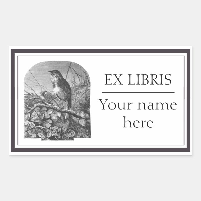 Vintage tiny bird etching bookplate rectangular sticker (Front)