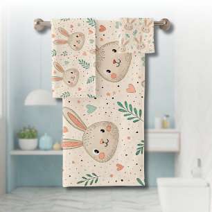 Vintage Tiny Bunny Faces with Roses Pattern Bath Towel Set