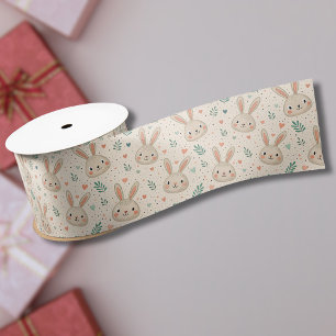 Vintage Tiny Bunny Faces with Roses Pattern Satin Ribbon