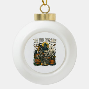 Vintage Tis Season Halloween Skeleton Retro Ceramic Ball Christmas Ornament