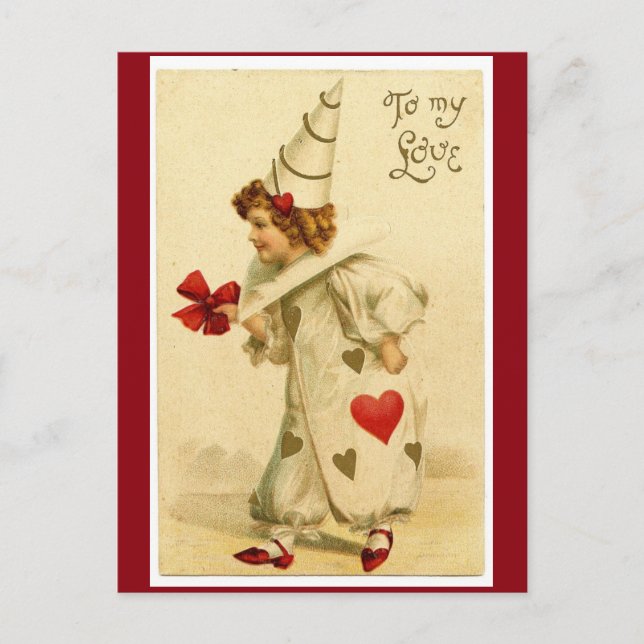 Vintage To My Love Valentine Clown Holiday Postcard (Front)