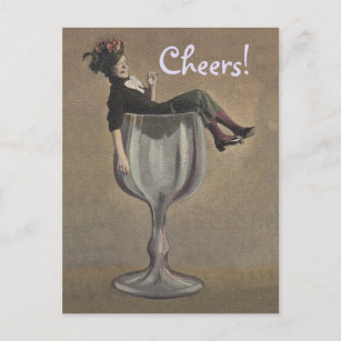 Vintage Toast Cheers! Lady in Wine Glass Postcard