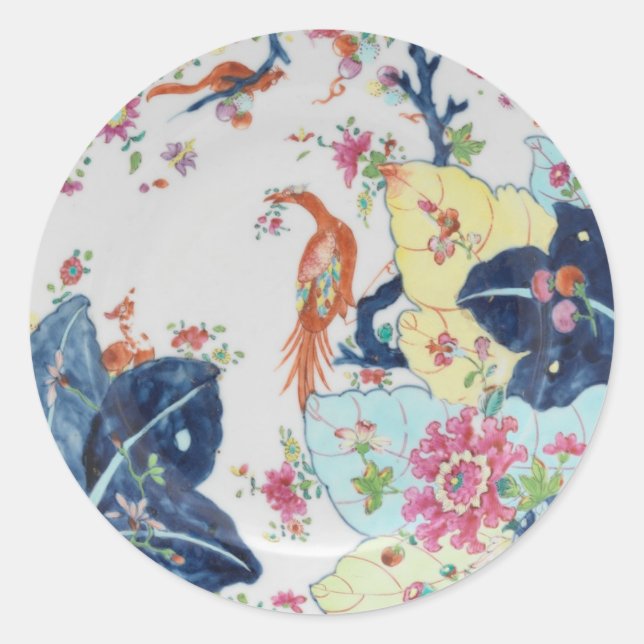 vintage Tobacco Leaf blue & white w/pink Classic R Round Sticker (Front)