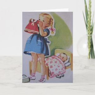 Vintage Toddler Girl And Baby Doll Card