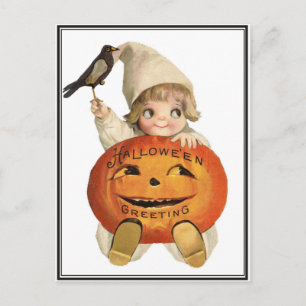 Vintage Toddler with Raven & Pumpkin Halloween Postcard