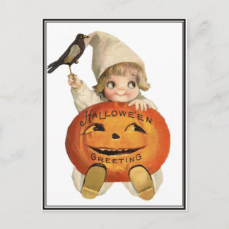 Vintage Toddler with Raven & Pumpkin Halloween Postcard