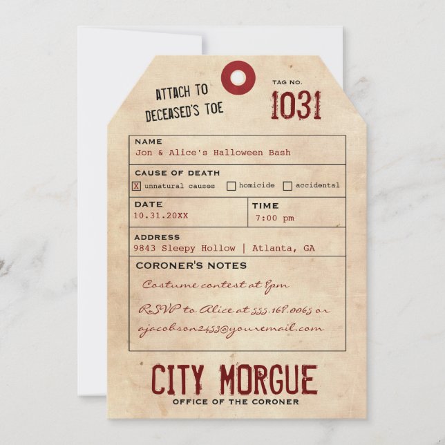Vintage Toe Tag Adult Halloween Party Invite (Front)