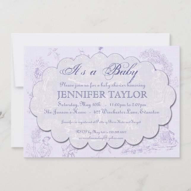 Vintage Toile Baby Shower Invitation Purple (Front)