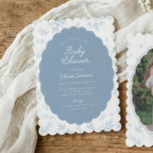 Vintage Toile Blue Floral Scalloped Baby Shower