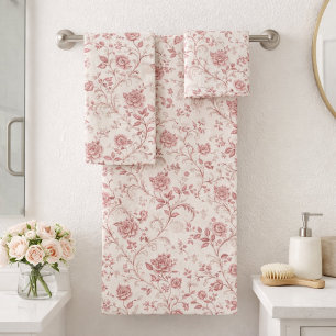 Vintage Toile De Jouy Dusty Rose Pattern Bath Towel Set